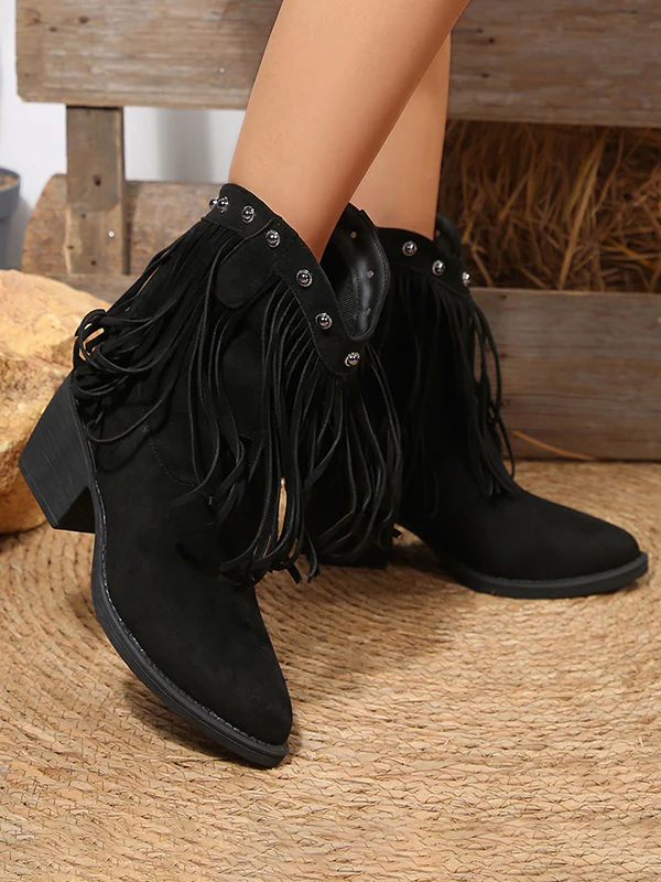 Pointed-Toe Rivet Split-Joint Tasseled Boots - Image 3