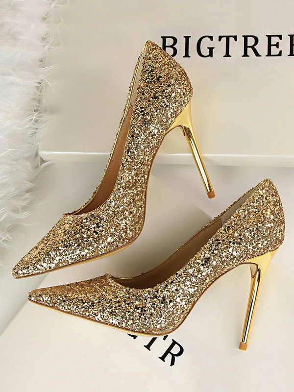 Pointed-Toe Sequined Shallow Cut Pumps - Image 2