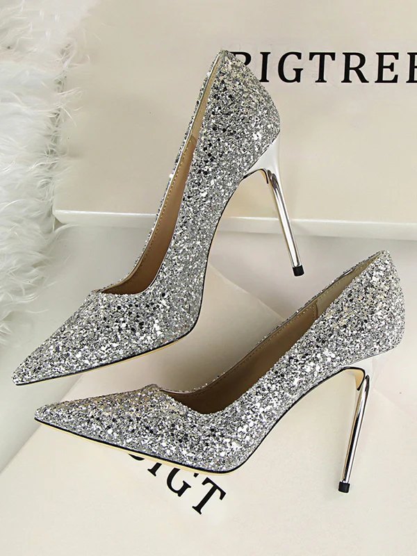 Pointed-Toe Sequined Shallow Cut Pumps - Image 3