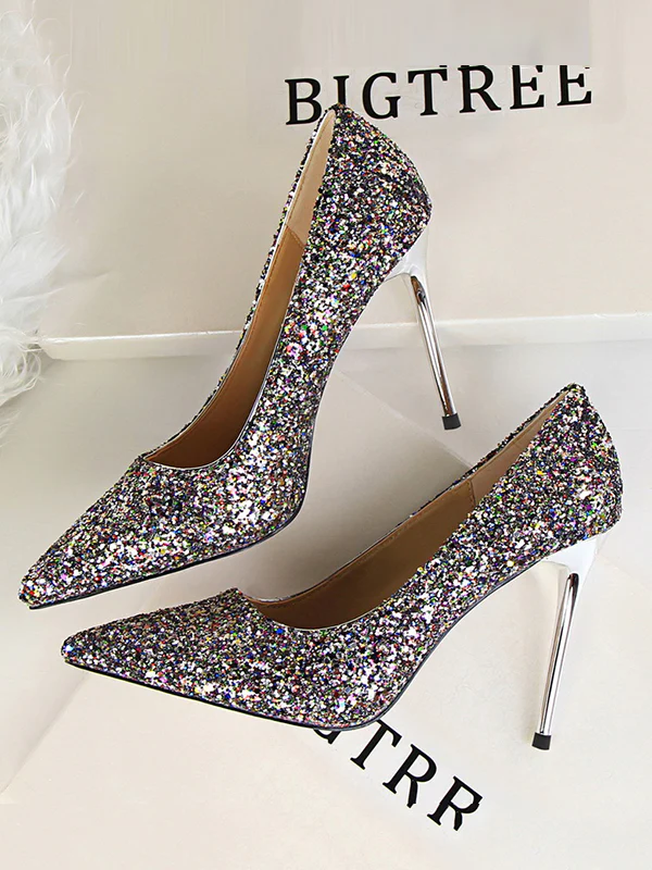 Pointed-Toe Sequined Shallow Cut Pumps - Image 4