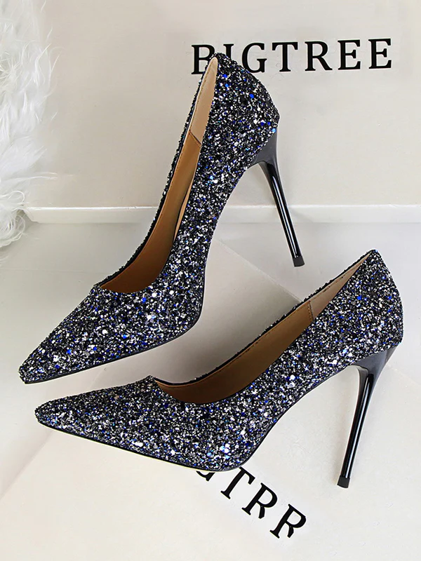 Pointed-Toe Sequined Shallow Cut Pumps - Image 5