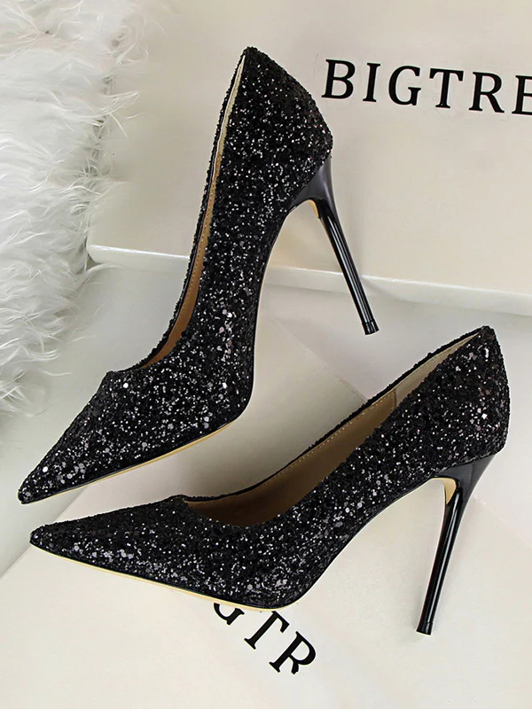 Pointed-Toe Sequined Shallow Cut Pumps - Image 6