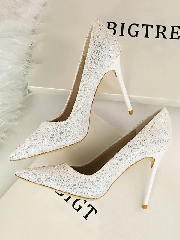 Pointed-Toe Sequined Shallow Cut Pumps - Image 7