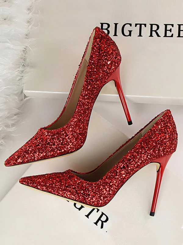 Pointed-Toe Sequined Shallow Cut Pumps - Image 8