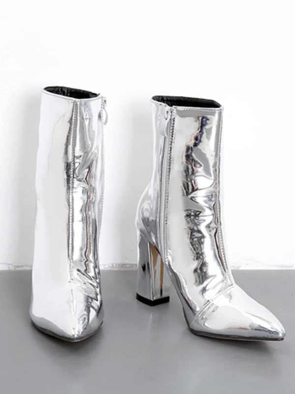 Pointed-Toe Shiny Split-Joint Boots Pumps - Image 19