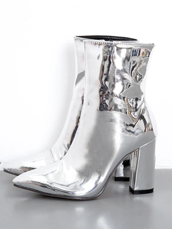 Pointed-Toe Shiny Split-Joint Boots Pumps - Image 20