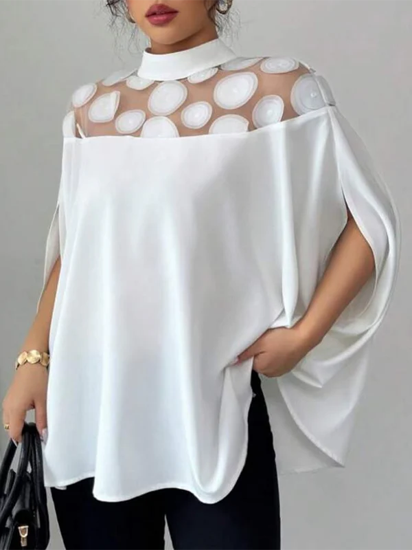 Batwing Sleeves Half Sleeves Polka-Dot See-Through Solid Color Split-Joint Stand Collar Blouses&shirts Tops - Image 2