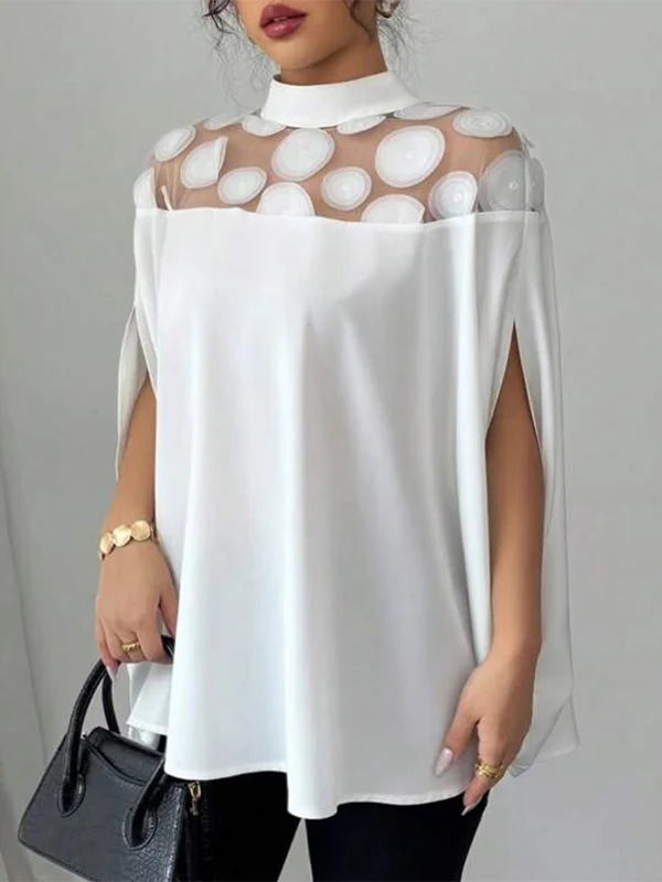 Batwing Sleeves Half Sleeves Polka-Dot See-Through Solid Color Split-Joint Stand Collar Blouses&shirts Tops - Image 3