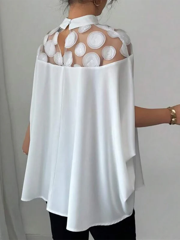 Batwing Sleeves Half Sleeves Polka-Dot See-Through Solid Color Split-Joint Stand Collar Blouses&shirts Tops - Image 4