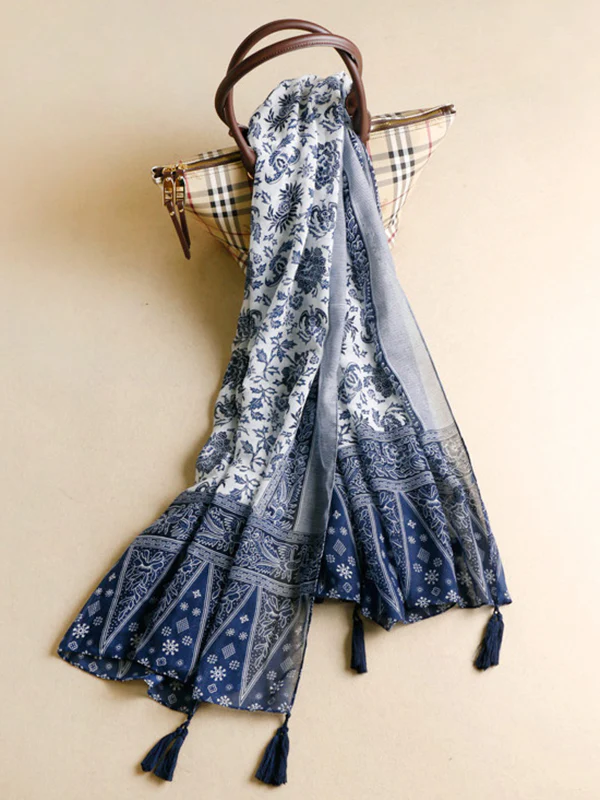 Printed Blue-And-White Sun-Protection Tasseled Shawl&Scarf - Image 2
