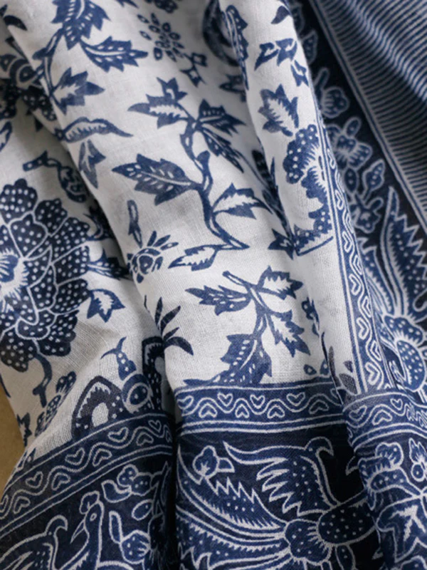 Printed Blue-And-White Sun-Protection Tasseled Shawl&Scarf - Image 3