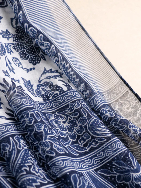 Printed Blue-And-White Sun-Protection Tasseled Shawl&Scarf - Image 4