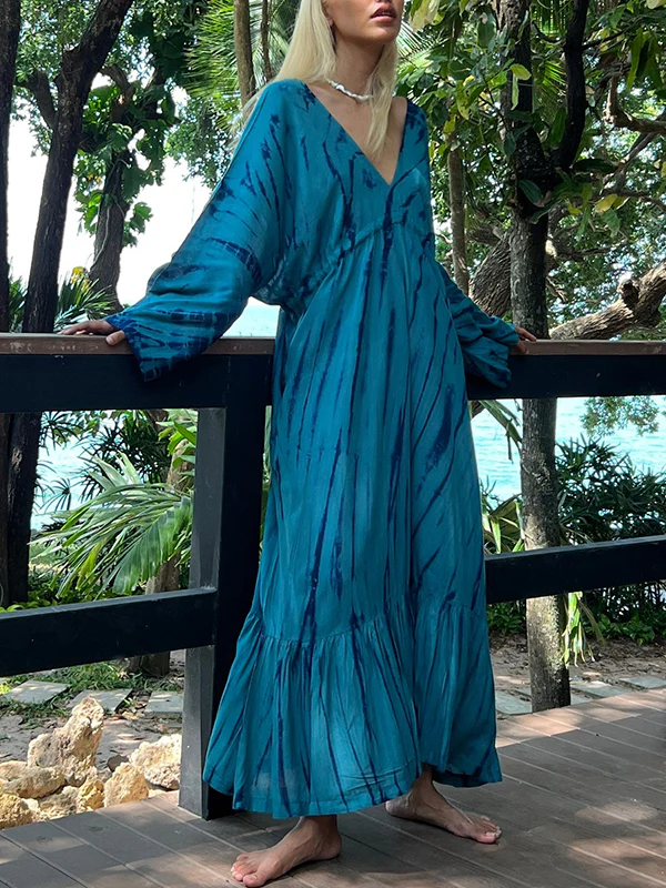 Loose Raglan Sleeve Printed Split-Joint V-Neck Maxi Dresses - Image 2