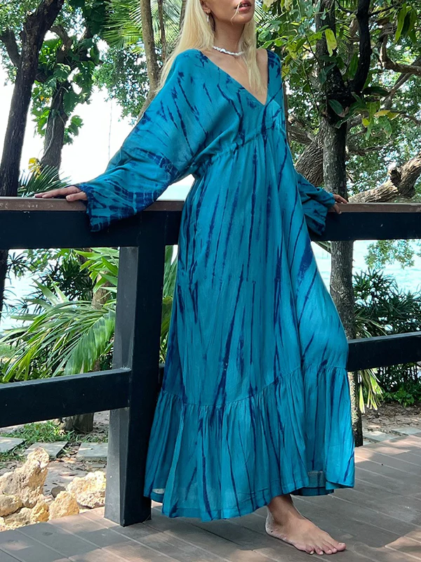 Loose Raglan Sleeve Printed Split-Joint V-Neck Maxi Dresses - Image 3