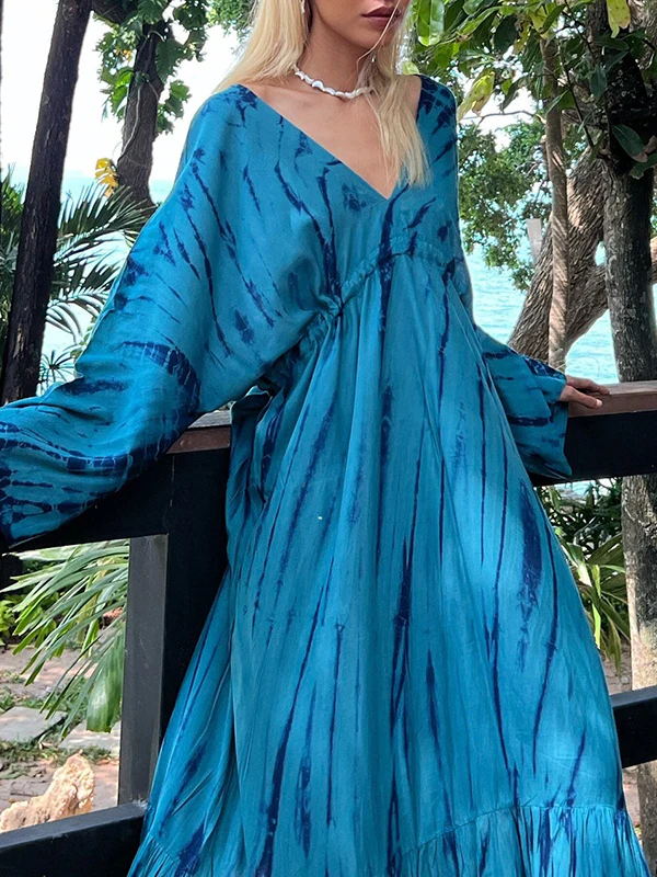 Loose Raglan Sleeve Printed Split-Joint V-Neck Maxi Dresses - Image 4