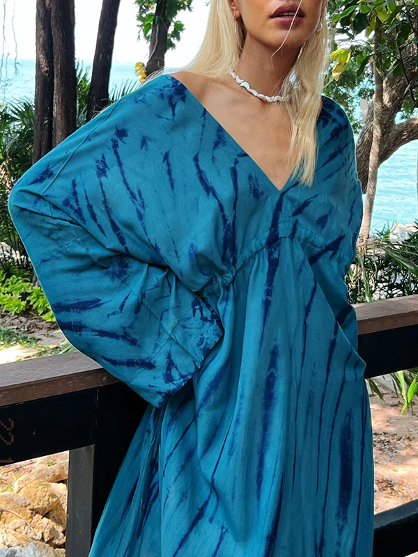 Loose Raglan Sleeve Printed Split-Joint V-Neck Maxi Dresses - Image 5