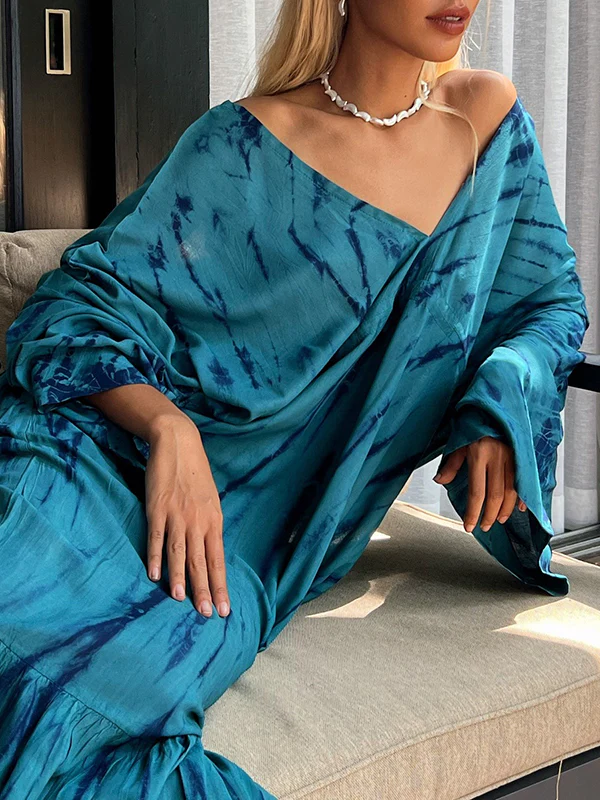 Loose Raglan Sleeve Printed Split-Joint V-Neck Maxi Dresses - Image 6