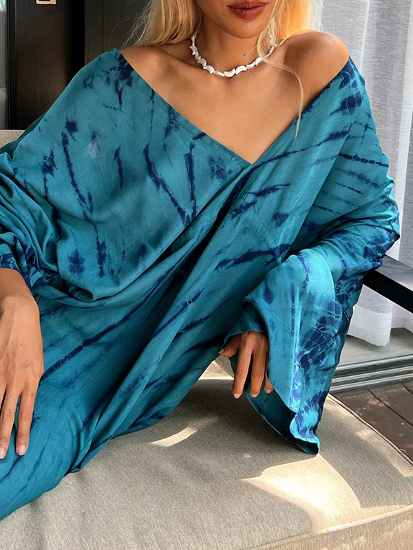 Loose Raglan Sleeve Printed Split-Joint V-Neck Maxi Dresses - Image 7