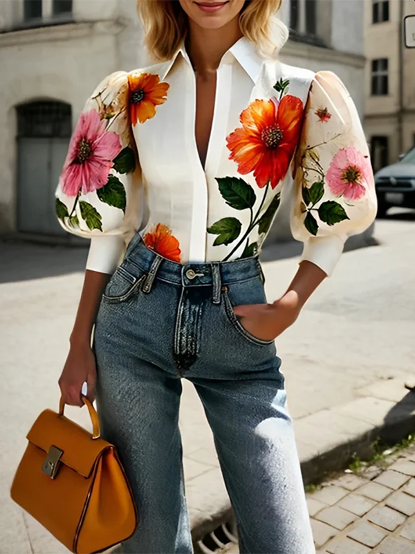 Puff Sleeves Asymmetric Floral Printed Split-Joint Lapel Blouses&Shirts Tops - Image 2