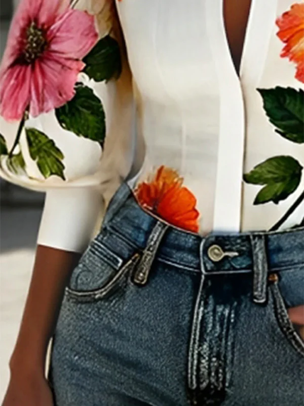 Puff Sleeves Asymmetric Floral Printed Split-Joint Lapel Blouses&Shirts Tops - Image 3