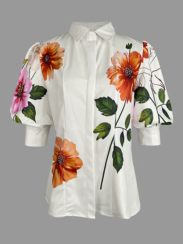 Puff Sleeves Asymmetric Floral Printed Split-Joint Lapel Blouses&Shirts Tops - Image 4