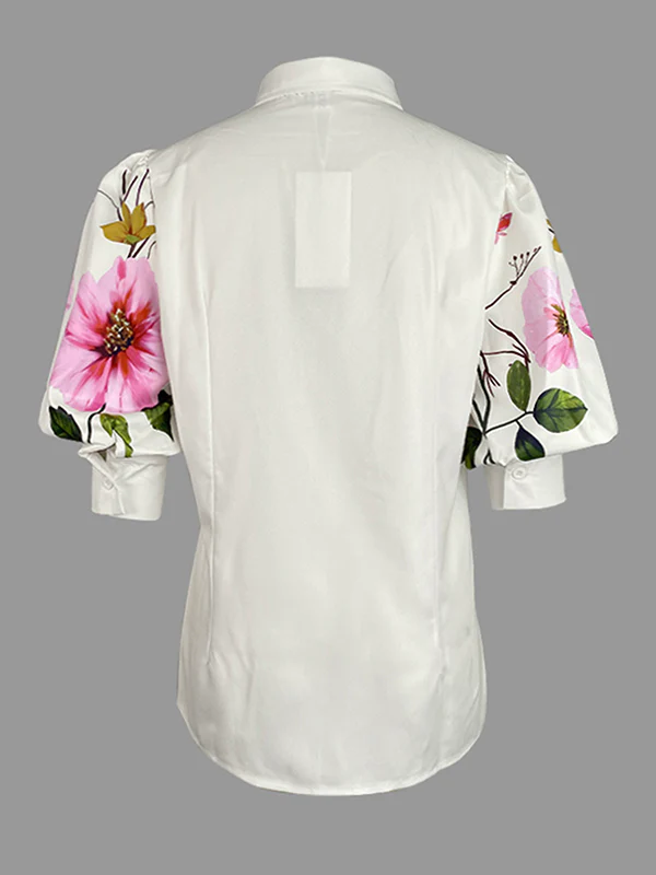 Puff Sleeves Asymmetric Floral Printed Split-Joint Lapel Blouses&Shirts Tops - Image 5