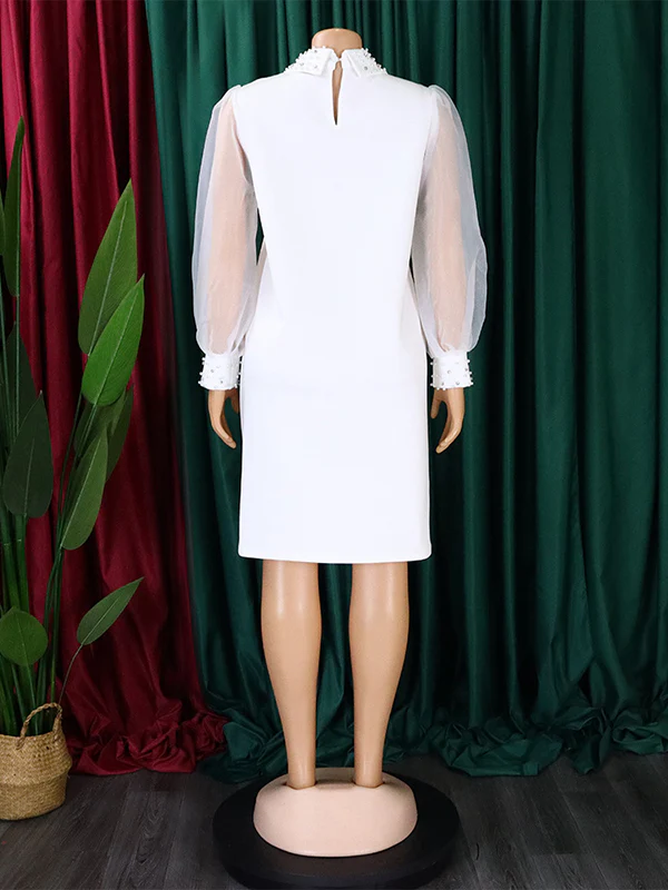 Puff Sleeves Beads Mesh Solid Color Split-Joint Round-neck Midi Dresses - Image 10