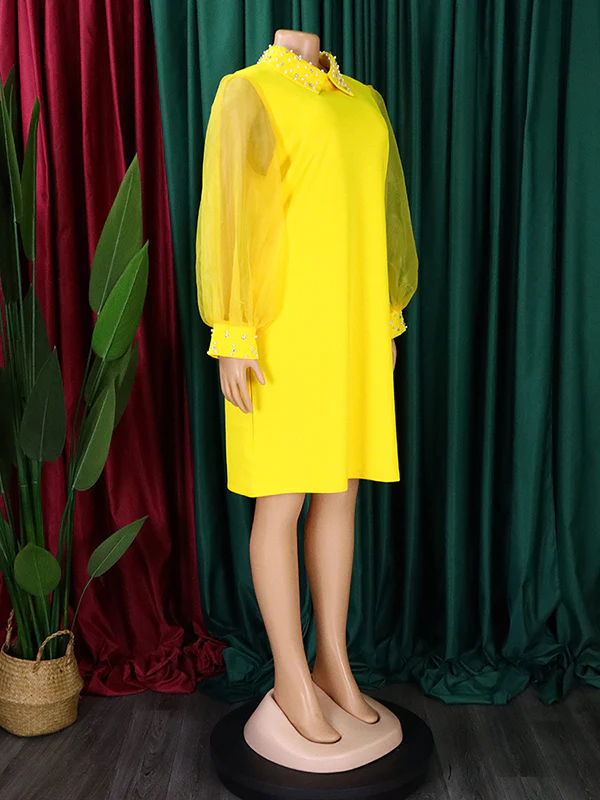 Puff Sleeves Beads Mesh Solid Color Split-Joint Round-neck Midi Dresses - Image 12