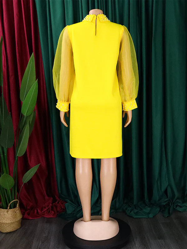 Puff Sleeves Beads Mesh Solid Color Split-Joint Round-neck Midi Dresses - Image 13