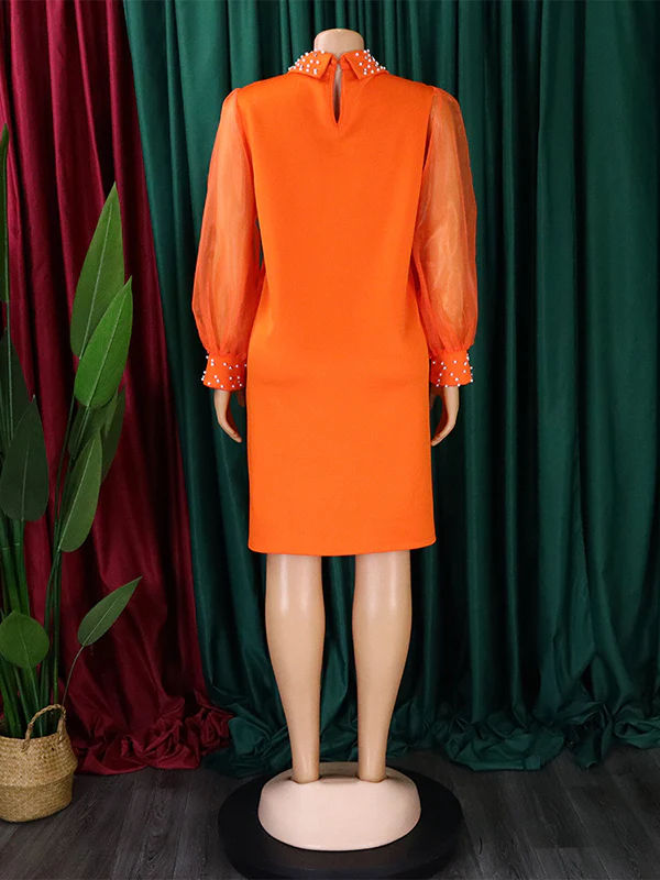 Puff Sleeves Beads Mesh Solid Color Split-Joint Round-neck Midi Dresses - Image 16
