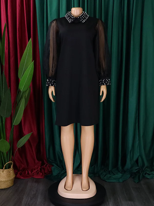 Puff Sleeves Beads Mesh Solid Color Split-Joint Round-neck Midi Dresses - Image 17