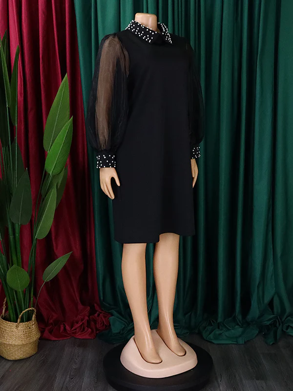 Puff Sleeves Beads Mesh Solid Color Split-Joint Round-neck Midi Dresses - Image 18