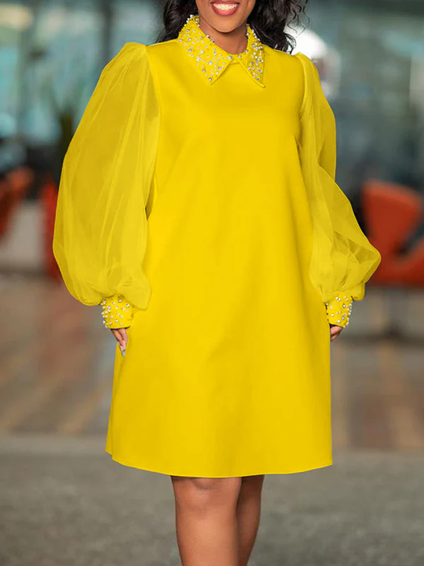 Puff Sleeves Beads Mesh Solid Color Split-Joint Round-neck Midi Dresses - Image 2