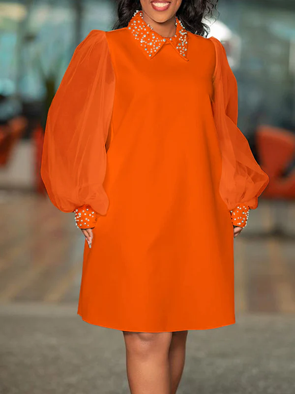 Puff Sleeves Beads Mesh Solid Color Split-Joint Round-neck Midi Dresses - Image 3