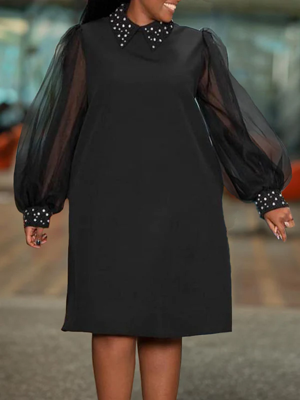 Puff Sleeves Beads Mesh Solid Color Split-Joint Round-neck Midi Dresses - Image 4