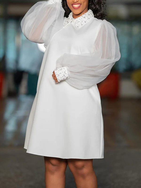 Puff Sleeves Beads Mesh Solid Color Split-Joint Round-neck Midi Dresses - Image 5