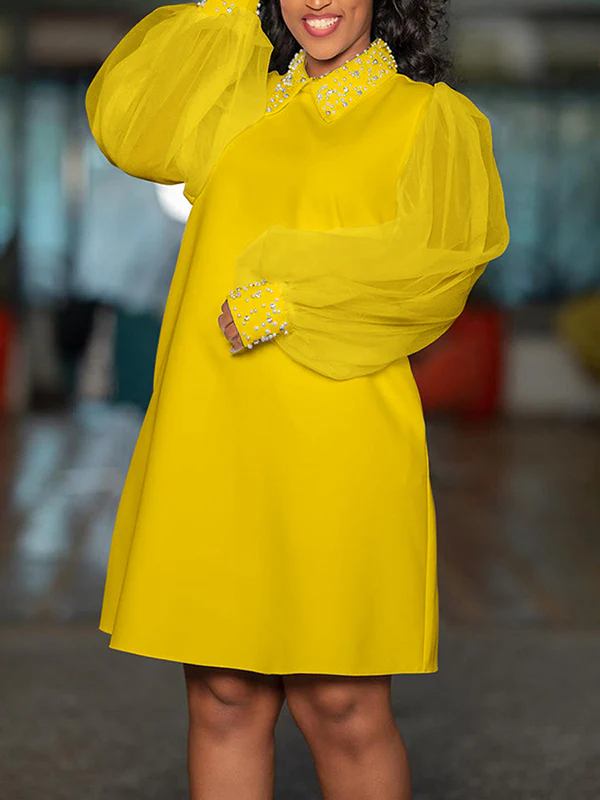Puff Sleeves Beads Mesh Solid Color Split-Joint Round-neck Midi Dresses - Image 6