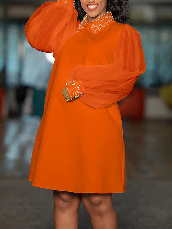 Puff Sleeves Beads Mesh Solid Color Split-Joint Round-neck Midi Dresses - Image 7