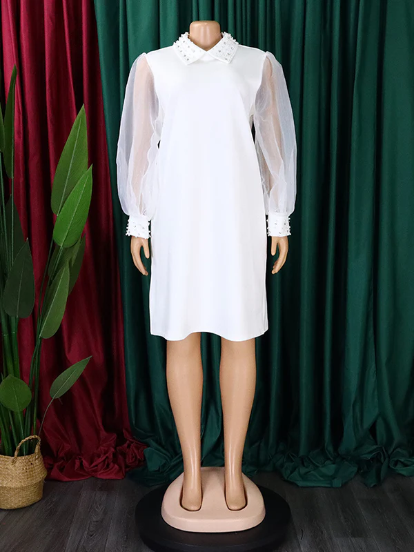 Puff Sleeves Beads Mesh Solid Color Split-Joint Round-neck Midi Dresses - Image 8