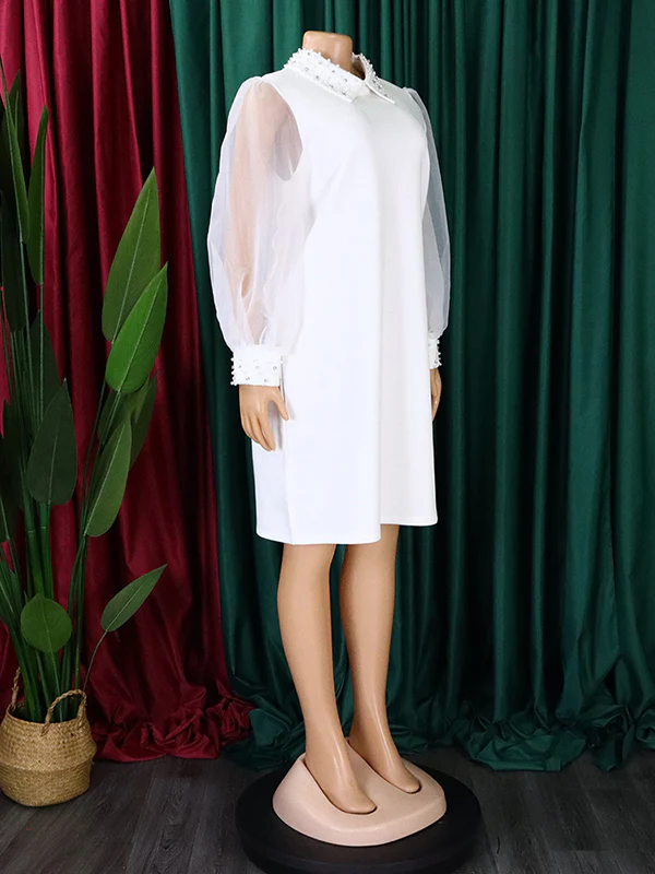 Puff Sleeves Beads Mesh Solid Color Split-Joint Round-neck Midi Dresses - Image 9
