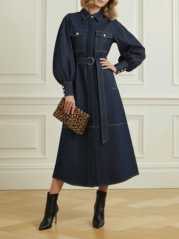Puff Sleeves Belted Buttoned Pockets Split-Joint Lapel Midi Dresses - Image 2