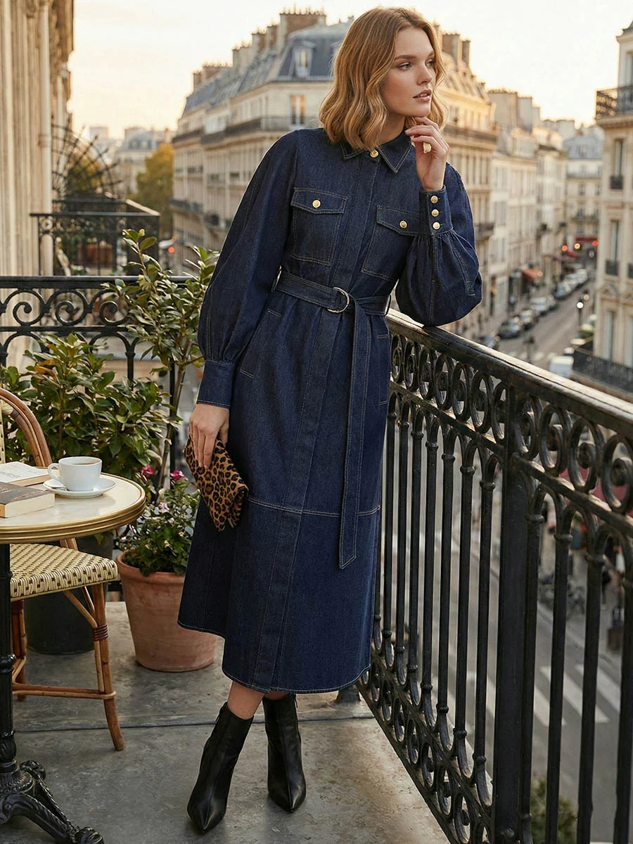 Puff Sleeves Belted Buttoned Pockets Split-Joint Lapel Midi Dresses - Image 3