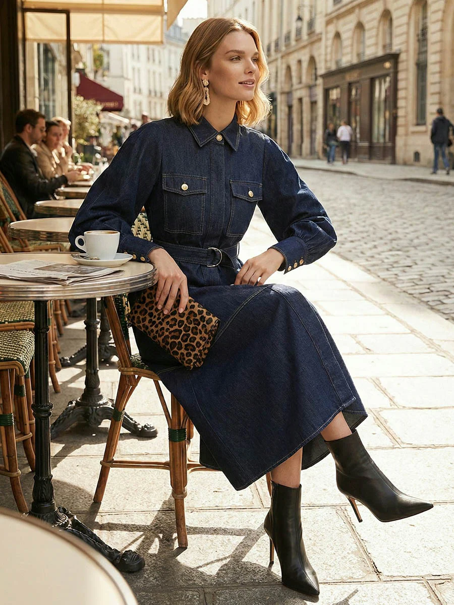 Puff Sleeves Belted Buttoned Pockets Split-Joint Lapel Midi Dresses - Image 5