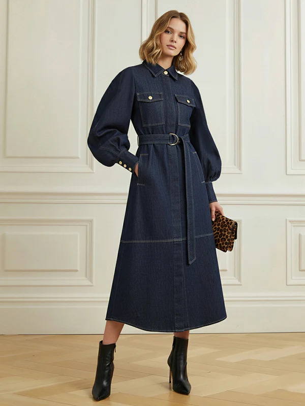 Puff Sleeves Belted Buttoned Pockets Split-Joint Lapel Midi Dresses - Image 7