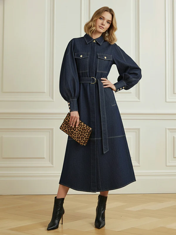 Puff Sleeves Belted Buttoned Pockets Split-Joint Lapel Midi Dresses - Image 8