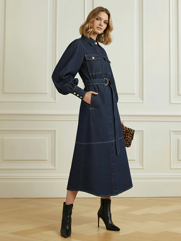 Puff Sleeves Belted Buttoned Pockets Split-Joint Lapel Midi Dresses - Image 9