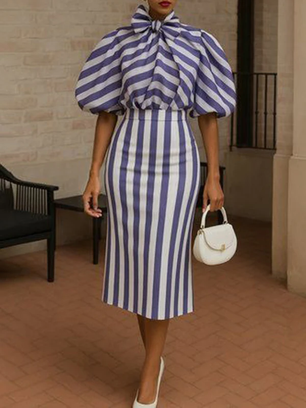 Puff Sleeves Bowknot Pleated Split-Joint Striped High Neck Blouses&Shirts Tops - Image 2