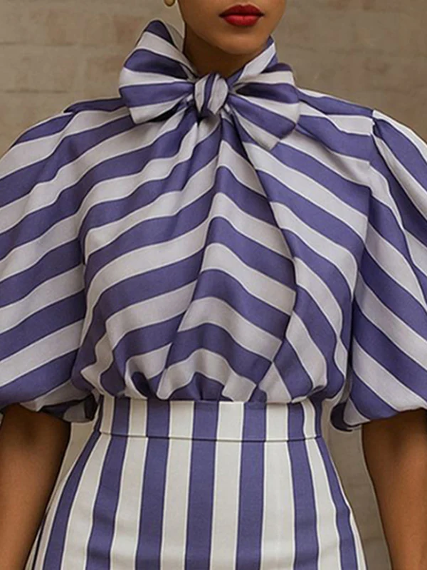 Puff Sleeves Bowknot Pleated Split-Joint Striped High Neck Blouses&Shirts Tops - Image 3