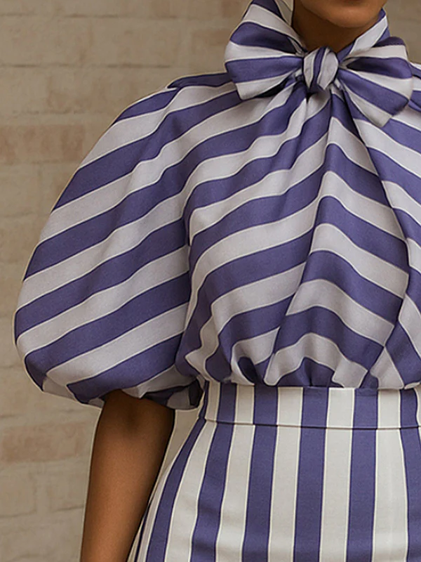 Puff Sleeves Bowknot Pleated Split-Joint Striped High Neck Blouses&Shirts Tops - Image 4