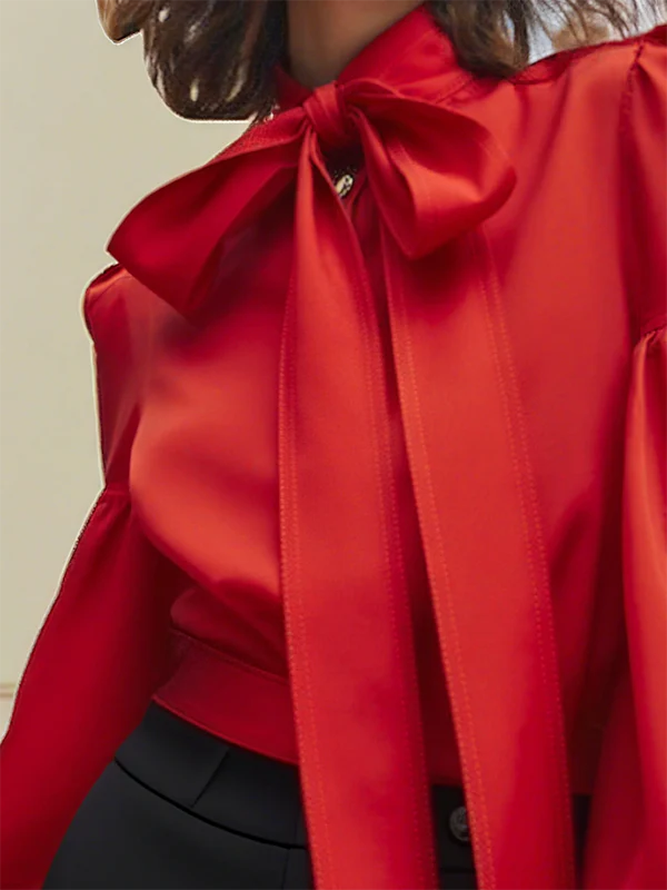 Puff Sleeves Bowknot Solid Color Stand Collar Blouses&Shirts Tops - Image 2